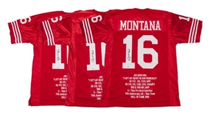 Joe Montana Signed San Francisco 49ers Replica Home Jersey with Career Statistics (Lot of 3)